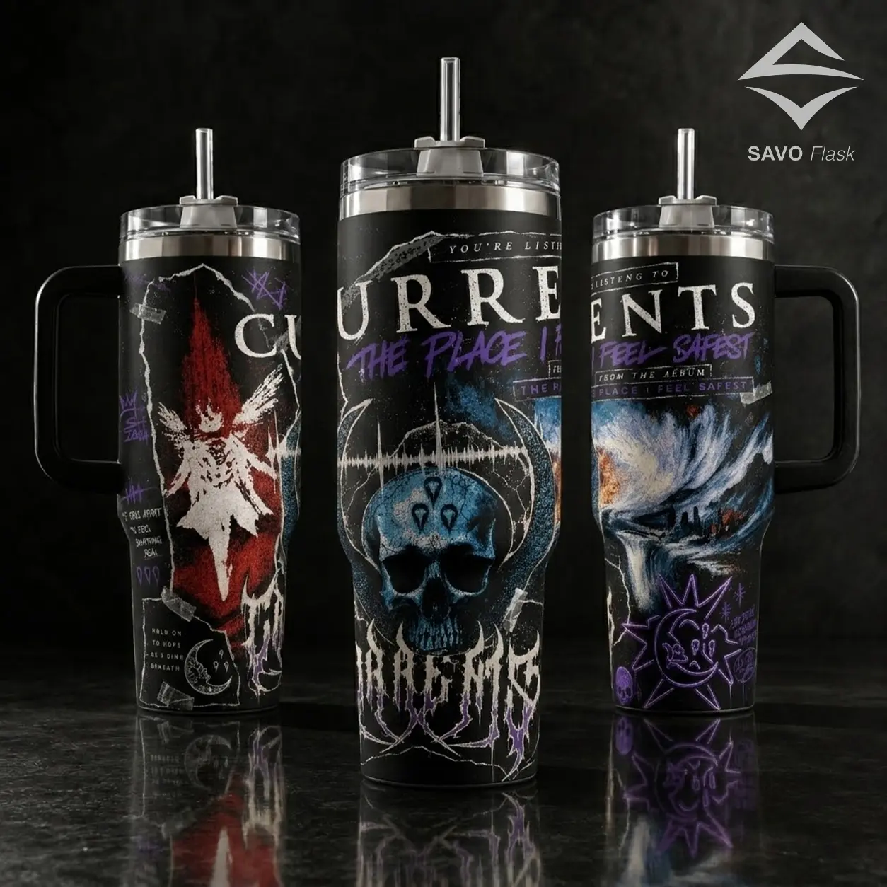 Currents Band Merch The Place I Feel Safest 40oz Tumbler with Handle & 20oz Skinny Mug, Insulated Stainless Steel Coffee Cup, Metalcore Rock Music Fan Gift, Aesthetic Gothic Water Bottle Leak-proof