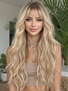 26 Inch Gradient Long Wavy Wig with Bangs, Stylist Friendly Wig, High-Temperature Synthetic Hair for Natural Everyday Wear, Suitable for All Seasons