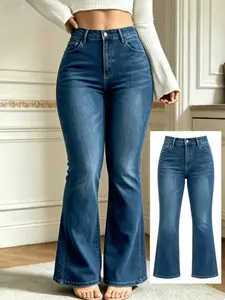 【Plus Size】Cowboy bell bottom pants Solid Lace Flare Leg Pants, Casual Lounge Pant Comfy Breathable Bell Bottom Trousers for Daily Wear, Women's Bottoms for All Seasons WH48