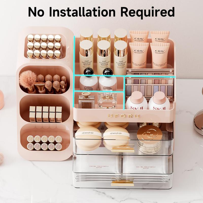 Large Capacity Makeup Storage Box, Multi-functional Makeup Brush Lipstick Eyebrow PencilPocket Mirror Storage Box, Desktop MakeupOrganizer for Home & Travel, Makeup Box,Cosmetics Organizer Storage Pink