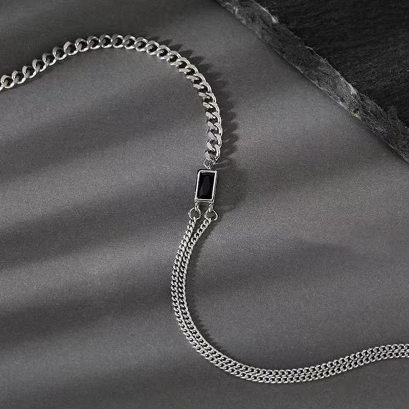 S925 Trendy Synthetic Obisidian Necklace, Stylish and Elegant Chain Jewelry for Women & Men's, Hip Hop Style Unisex Female Birthday Valentine's Day Gift, Dialy Wear and Party Jewelry