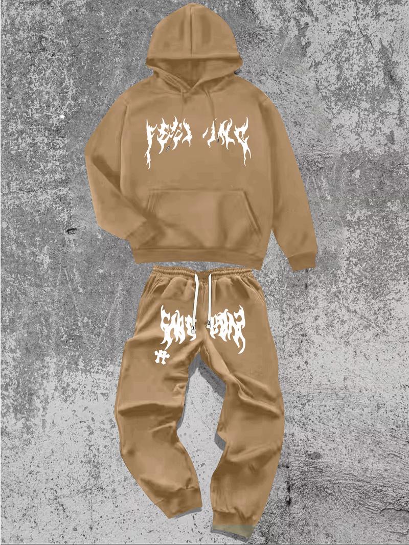 Men's Hoodie and Pants Set American Streetwear with Lightning Cross Print Stylish Casual Wear Featuring Slight Stretch and Detailed Pockets Black Trouser Longsleeves