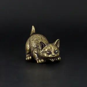 Brass Crawling Cat Figurine Statue, Vintage Solid Tea Pet Animal Craftsmanship Design, Home Office Desktop Ornament, Retro Desk Decoration Gift