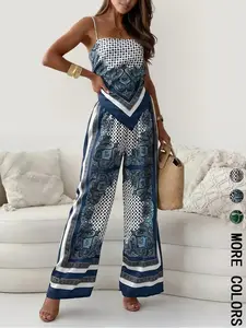 Two-piece Set Women's All Over Print Fitted Spaghetti Strap Cami Top & Wide Leg Pants, Boho Sleeveless Top & Pants for Beach Vacation Holiday, Ladies Summer Clothes, Womenswear