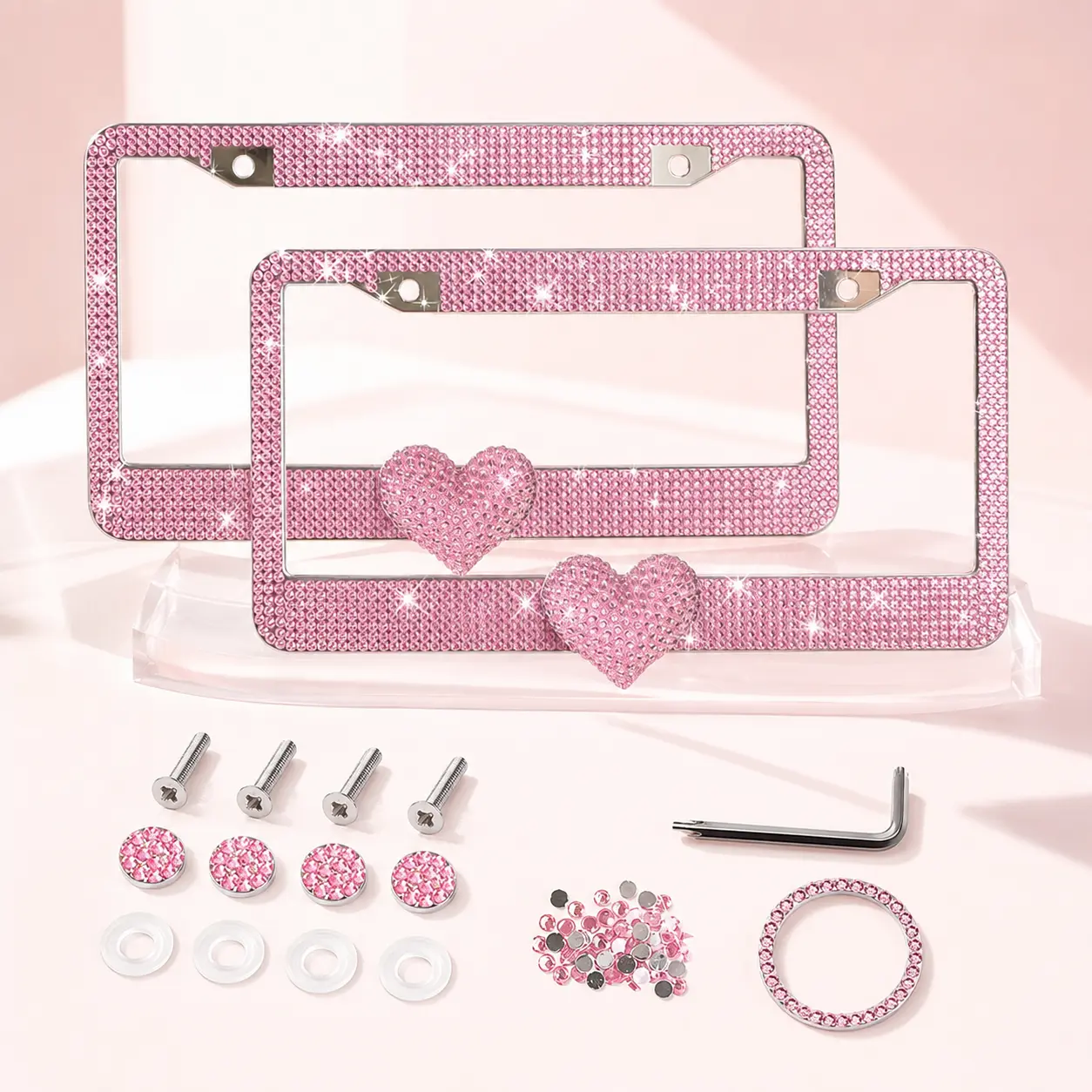Pink Bling Crystal License Plate Frames for Women 2 Pack, California Cute Heart Diamond Truck Car Tag Holder, Sparkly Rhinestone License Plate Cover for United States Standard Plates, Anti-Theft Screws + Bonus Gifts