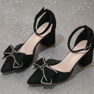 Rain Core | Glamorous Pointed Toe Block Heels Rhinestone Bow Ankle Strap Pumps – Elegant Suede & Metallic Heels for Weddings, Proms & Special Occasions Bowknot Strappy Footwear