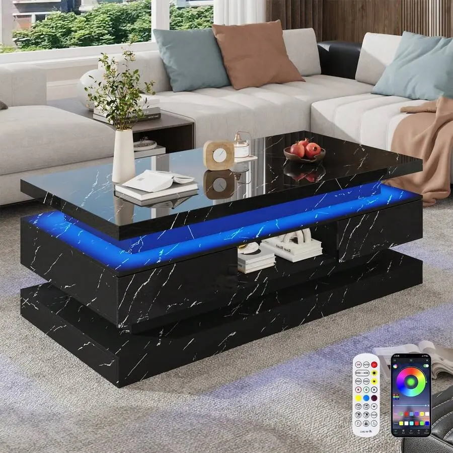 47.2 in High Gloss Modern Coffee Table - Double-Layer Center Tables, 2 Sliding Drawers, USB-Powered LED Lighting, Inlay Marble Finish Mirrored Top, Mobile with Wheels, Indoor Living Room Furniture (USB Power Connection), Coffee Tables