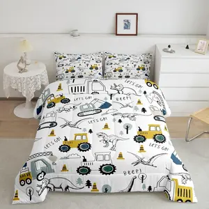 Construction Comforter Set,Cartoon Car Excavator Tractor Comforter,Equipment Trucks Dinosaur Comforter Set,Construction Vehicles White Duvet Set