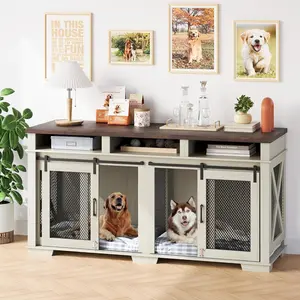 71" Double Dog Crate Furniture for 2 Dogs - XL TV Stand with 3 Storage Drawers,Removable Divider & Sliding Barn Door,White+Dark Walnut