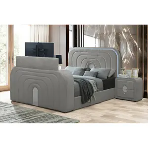 Shelyn Gray Teddy Sherpa & Chrome Queen Bed w/Led, TV Stand, Fireplace & Bluetooth