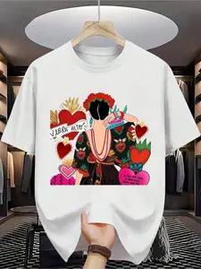 T-Shirt - Short Sleeve, Round Neck, Digital Print, Comfortable For All Seasons, Machine Washable, Ideal For Daily Outings, Round Neck, Circular Design, Casual Summer Tshirt Muscle Freaks Frida Hearts Mexican Folk Art Style