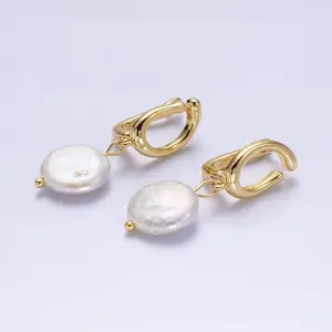 14K Gold Filled Freshwater Pearl Drop Dented Open Earrings