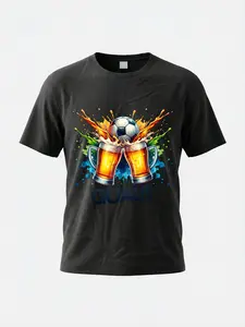 Men's Football Goal Beer Print T-Shirt, Casual Short Sleeve for Daily Wear and Outdoor Sports, Sporty Fitted Style Without Collar