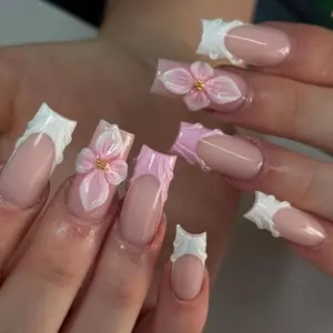 S134 Nailed by Vibe-Pink & White 3D Floral Press-On Nails, Soft Nude Base with Sculpted Flowers, Gold Bead Accents, Square Shape, Elegant Romantic Vibes, Handmade Custom Nail Art