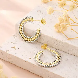 ALEXCRAFT 14K Gold-Plated Copper Two-Tone Earrings—Triple-Row Beaded Studs featuring a gold center and a platinum-tone outer ring. A stylishly designed accessory for women.