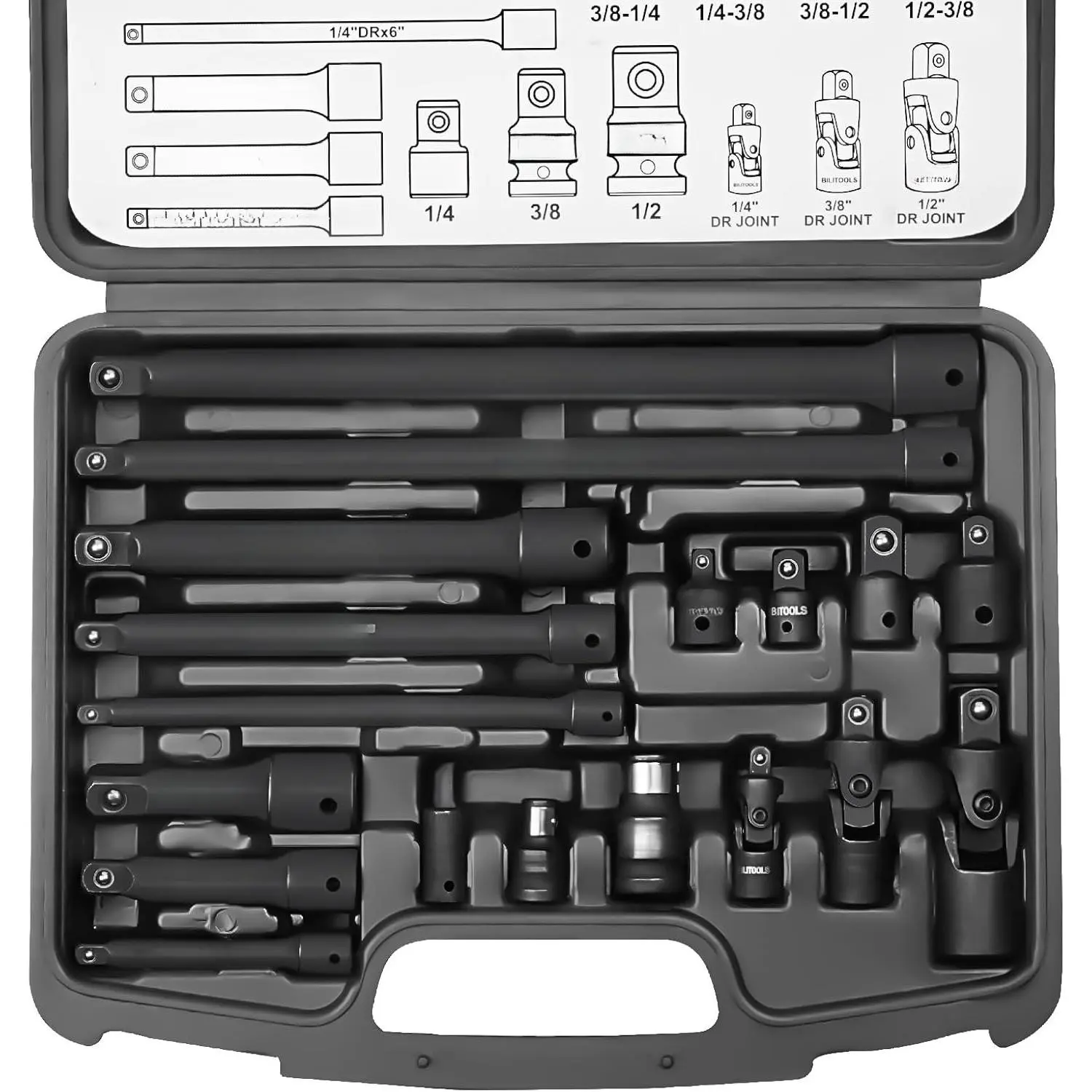 18-  Socket Extension Set, Socket Adapter Set, Includes 1/4", 3/8" & 1/2" Drive Extension Bar, Swivel Universal Joints, and  Coupler