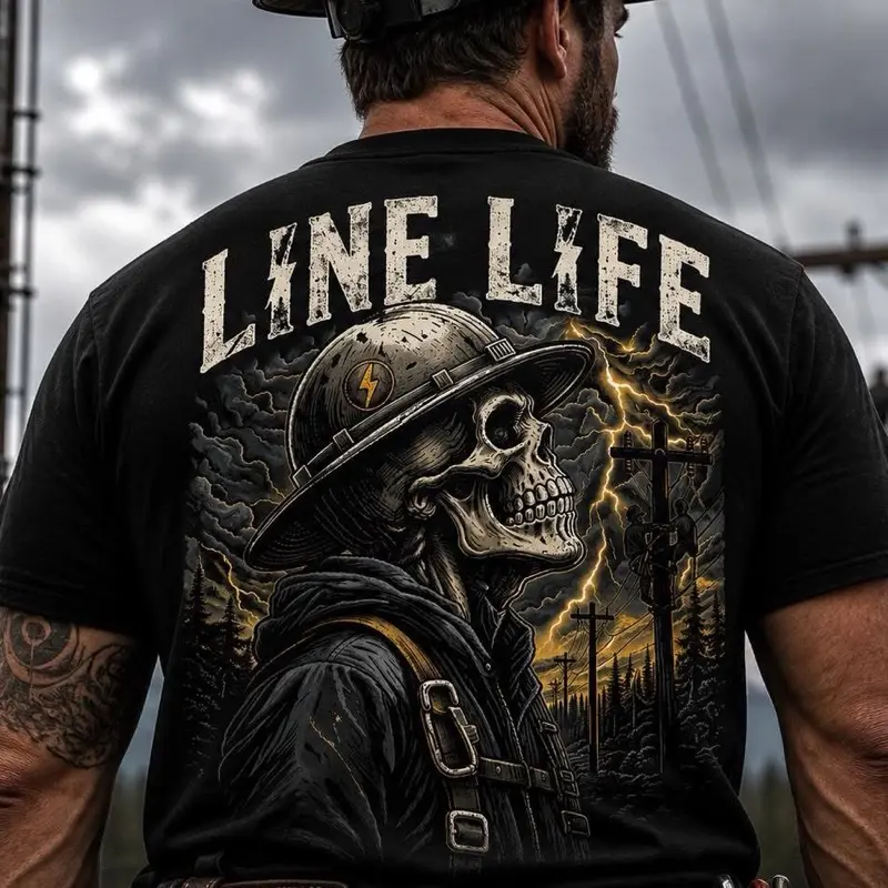 Bella Canvas Dark Heather Grey T-Shirt with Line Life Design & Lineman Barn Logo on Front Left Chest
