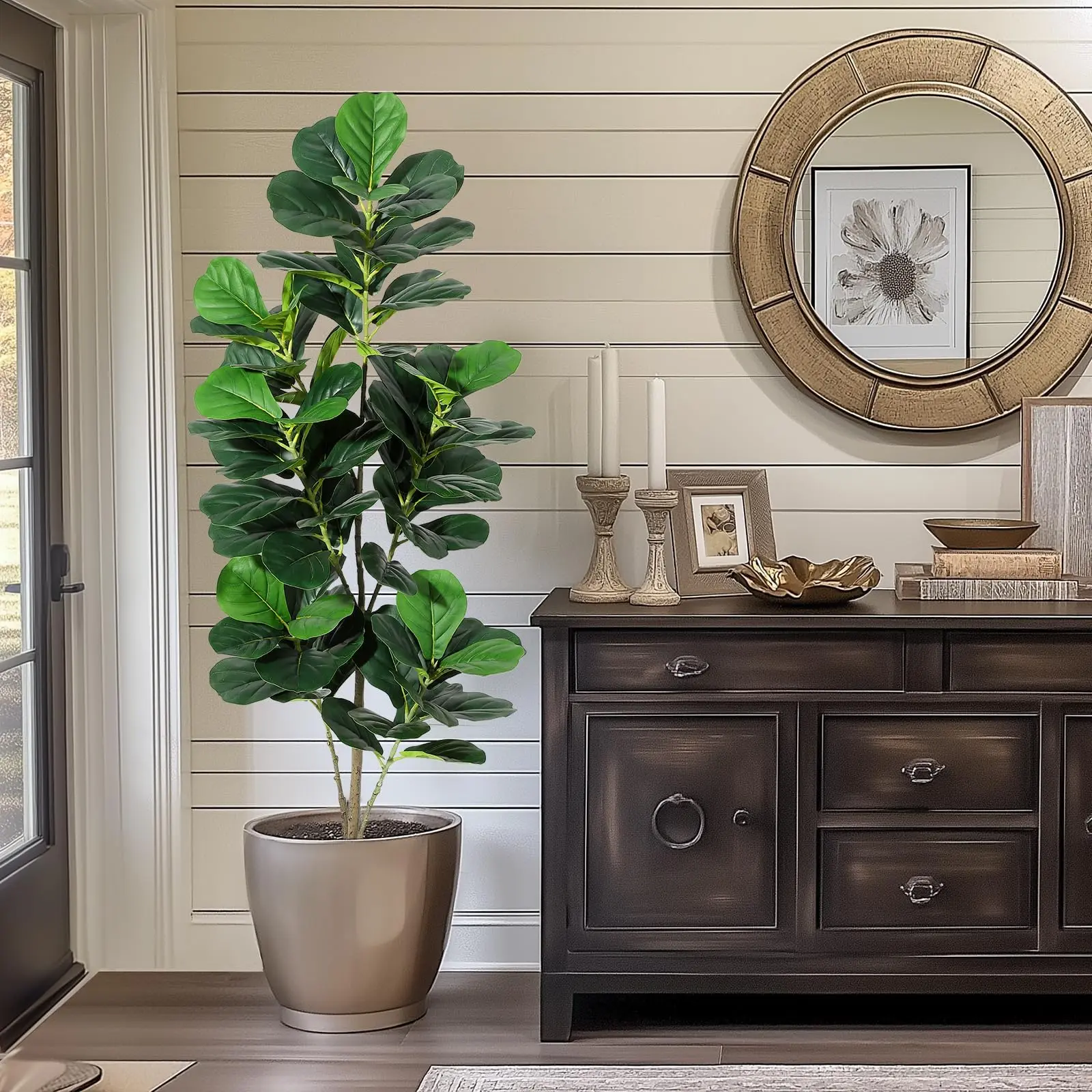 【GARVEE】Lifelike Artificial Fiddle Leaf Fig Tree – Lush Faux Ficus Lyrata, Realistic Green Leaves, Easy Care Indoor/Outdoor Home, Office, Bathroom Décor