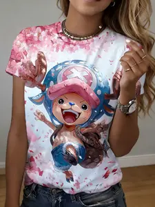 women's short sleeve T-shirt Cherry Blossom Chopper One Piece Design 3D full-frame printing spring and summer fashion trend sports women's soccer jersey top machine washable character texture light and thin summer