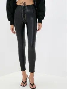 (RUN SMALL,PLEASE SIZING UP)ZASUWA Female Sexy Faux Leather Push Up Design Lace-up Leggings