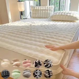 Faux Rabbit Fur Fitted Sheet 1pc – Striped Luxury Soft & Warm Solid Color Bedding with Pillowcase, All-Season Use, Perfect for Bedroom, Dorm, Sofa, Fluffy Cozy & Ideal Gift, Soft Breathable Sheet