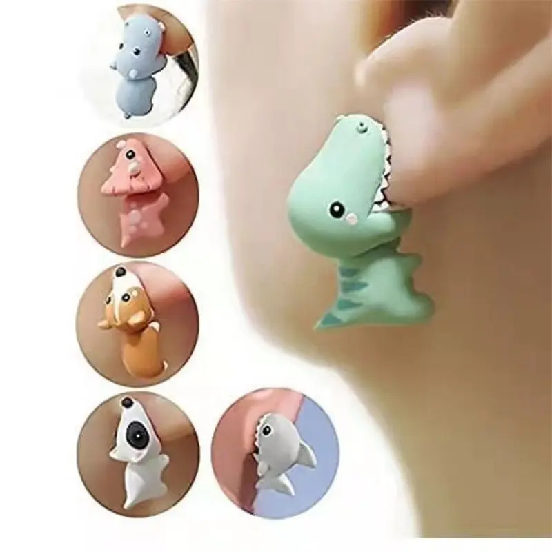Charming" 14-piece Cute Animal Earring Set - Dinosaur, Puppy And Whale Designs - Fun Clay-bite Jewelry Gift Fun Gifts And Accessories secret  santa  gifts  women christmas  basket Assorted Pearl Brooch Pins