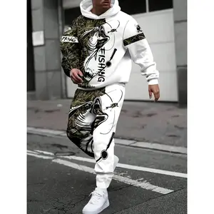 A men's casual fishing-print hooded sweatshirt and sweatpants set, featuring a polyester knit long-sleeved pullover with a tie; a standard spring/autumn suit. joggers  weatsuit regular length top kanga pocket large size swift  goods  clothing  brand