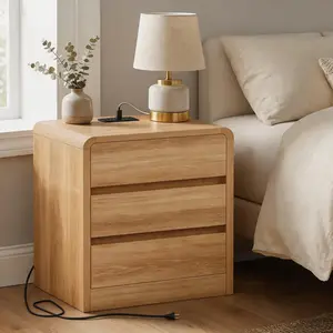 Modern Nightstand with Charging Station, Wood Bedside Table w/2 Storage Drawers, Large Nightstands for Bedroom, Living Room, Curved Profile Design