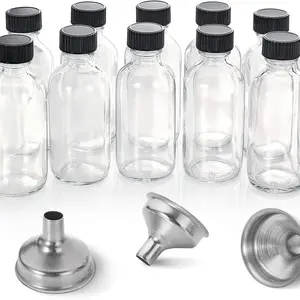 12 Pack, 2 oz Small Clear Glass Bottles w/Lid & 3 Funnels - 60ml Boston Shot Bottles
