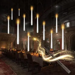 Flameless Floating Candles with Wand,12  Magic LED Hanging Taper Candles,Flickering  Operated Taper Candle with Wand Remote for  Decorations  (White)