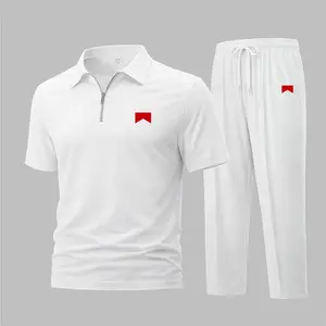 Men's Vintage Red Triangle Print Waffle-Knit Polo Shirt Set, Short-Sleeve Zip-Up Collar Top with Matching Athletic Trousers, Casual Sportswear Outfit