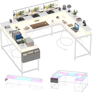 Flash sale home items U Shaped Desk, 126 Inch Gaming Desk with Monitor Stand and LED Lights, Reversible Shaped Large Computer Desk with Power Outlets, Office Desk with Storage Bag and Hooks, White