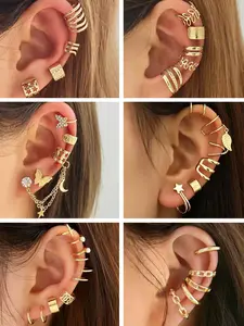 6 Set Rhinestone Butterfly Hollow Non Perforated Cartilage Earrings, Fashionable Star Moon Integrated Chain Ear Clip Adjustable Ear Cuffs Earrings for Girls Women Non-Piercing Cartilage Clip On Wrap Earring Set, Dainty Fashion Jewelry Earcuff