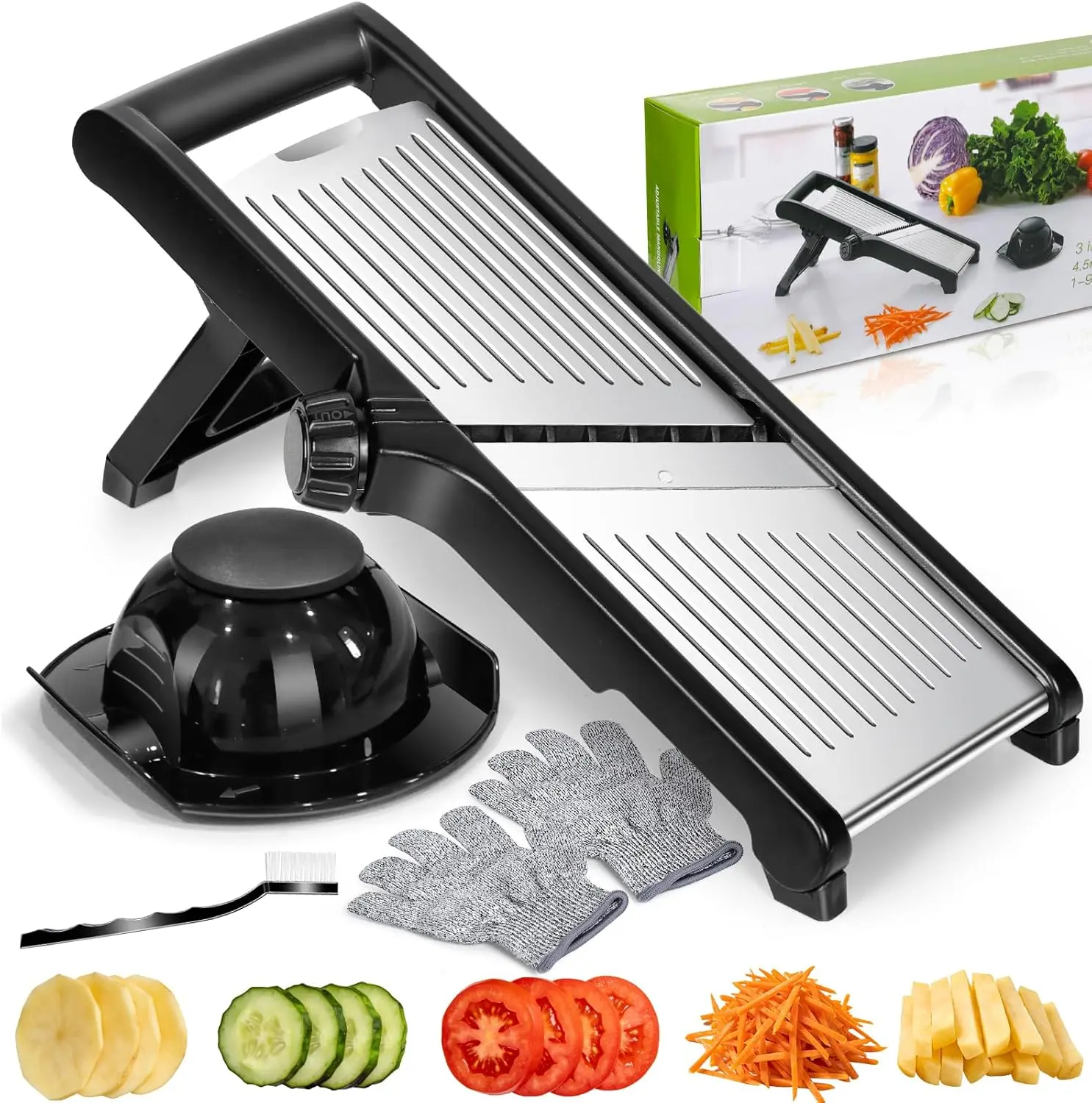 Mandoline Slicer Adjustable Stainless Steel Food Slicer for Kitchen Vegetable Onion Potato Fruit French Fry Cutter Potato Chip Julienne Slicers with Cut Resistant Gloves