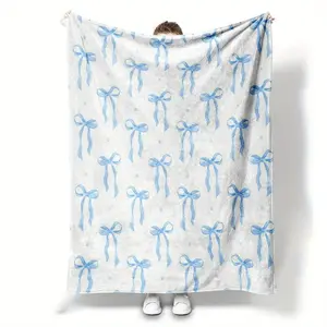 Flannel Blanket with Blue Bow & Ribbon-Like Beige Bowknots - All-Season Soft Bedspread, Couch Throw, Car Travel Companion - Machine Washable Cozy Gift, Contemporary Bedding Accessory