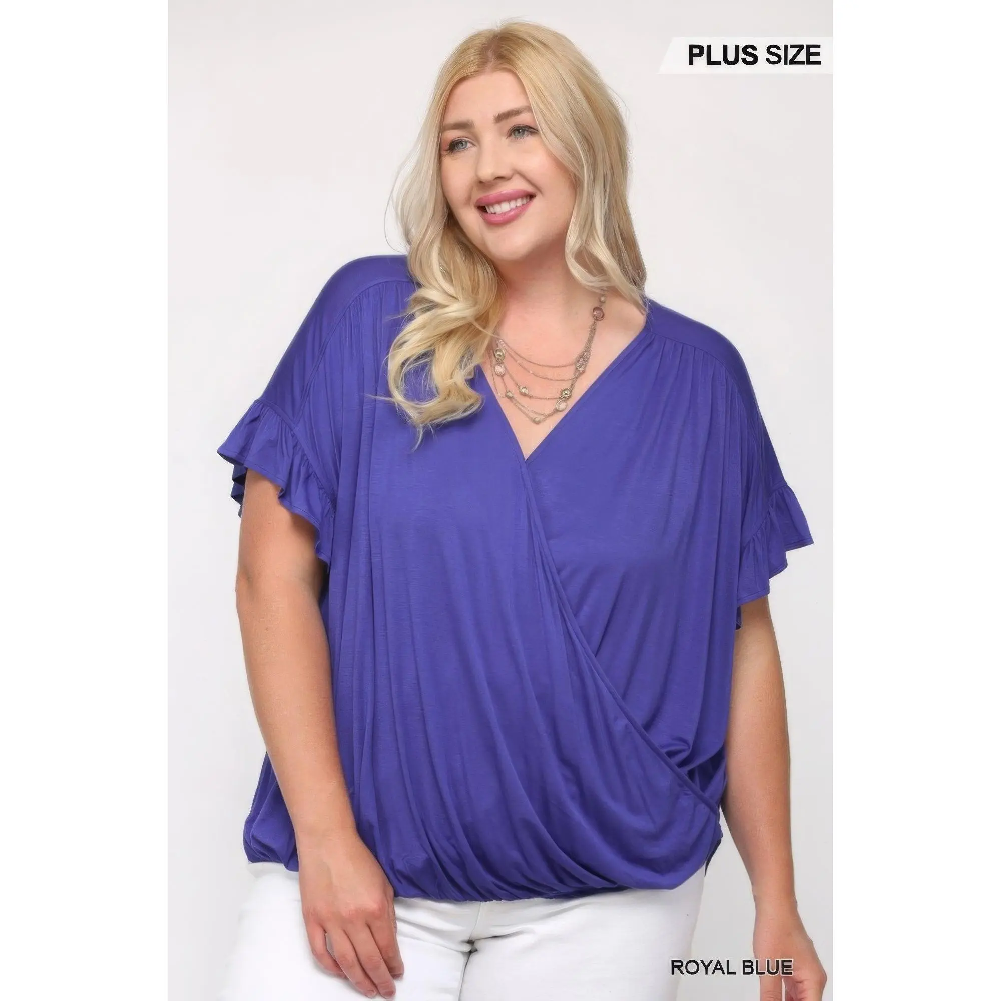 Women's Feminine Stretchy Solid Viscose Knit Surplice Blouse, Casual Chic Design With Ruffle Sleeves, Blouses, Comfortable