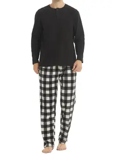 Men's Christmas Long Sleeve Henley Shirt & Plaid Print Pocket Pants Loungewear Set, Casual Comfy Regular Fit Round Neck Top & Drawstring Trousers Pj Set for Spring & Fall, Women's Polar Fleece Sleepwear, Pajamas