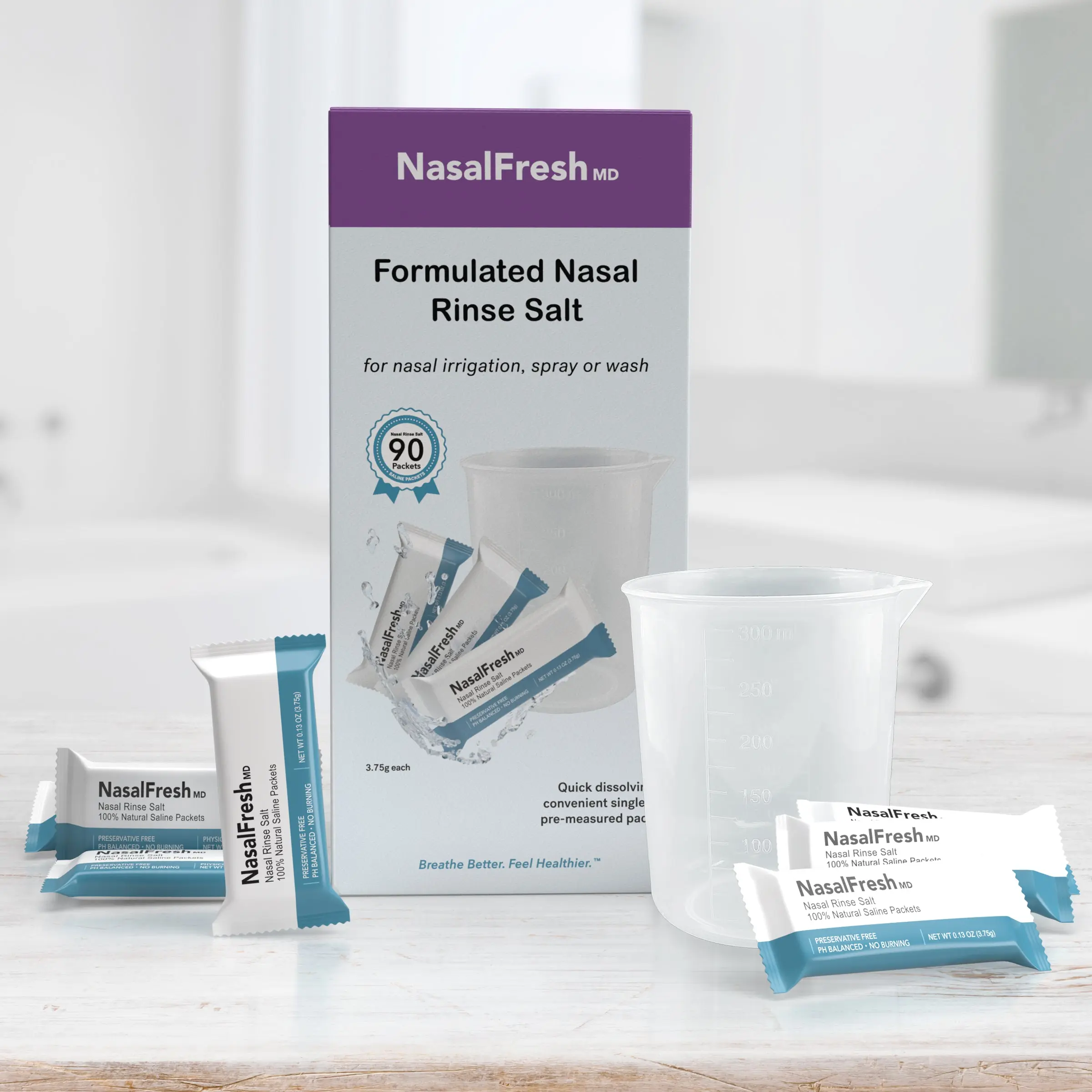 NasalFresh MD Nasal Rinse Salt Refill – 90 Pack with Mixing Cup & Stirrer | Pre-Measured Saline Packets for Daily Sinus Rinses | Natural Drug-Free Relief for Allergies, Cold & Congestion | Compatible with All Irrigation Devices