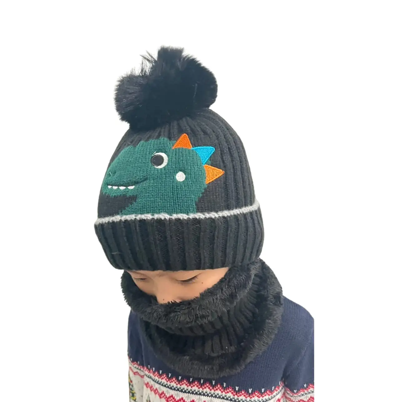 LLKTRD Cute Dinosaur pom pom Beanie hat with Scarf Set Warm hat Set Good for Winter (Green)