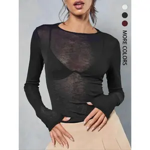 Women’s knitted stretchy sheer long-sleeve crewneck slim-fit T-shirt, a fashionable casual commuter top for all seasons GARMENTARY