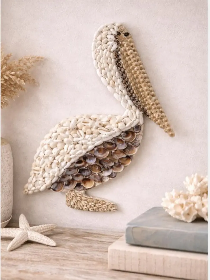 Mixed Shell & White Shell Pelican Wall Décor, Coastal Decor