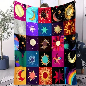 Colorful Celestial Sun & Moon Patchwork Print Flannel Blanket, Boho Cosmic Themed Throw Blanket, Soft Warm Blanket, Perfect Starry Sky Lover Gift Blanket with Vivid Digital Print, Ideal for Bedroom & Living Room Decor
