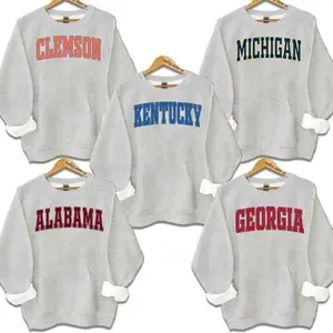 Distressed Varsity College Sweatshirt – Ash Grey, unisex classic fleece pullover with a vintage athletic look, perfect for casual layering