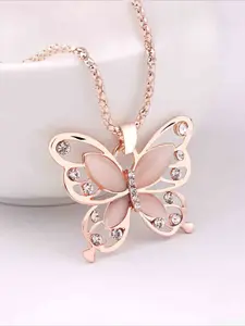 Fashion Cat Eye Stone Hollow Butterfly Pendant Necklace, Creative Design Women Daily Party Versatile Elegant Exquisite Jewelry Gift Jewelry