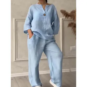 Plus Size - 2025 Autumn New Plus Size Women'S 2pcs Set, High-Waisted Loose Pants, Linen Shirt, Solid Color, Strapless, Medium Stretch, Elegant Style Womenswear Clothes