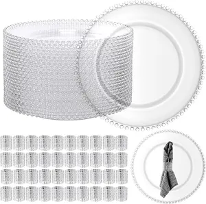 50 Pack Clear Round Charger Plates with 50 Pcs Silver Napkin Rings 13 Inch Plastic Chargers Dinner Plates Bulk with Beaded Rim Service Plates for Wedding Party Event Tabletop Decoration