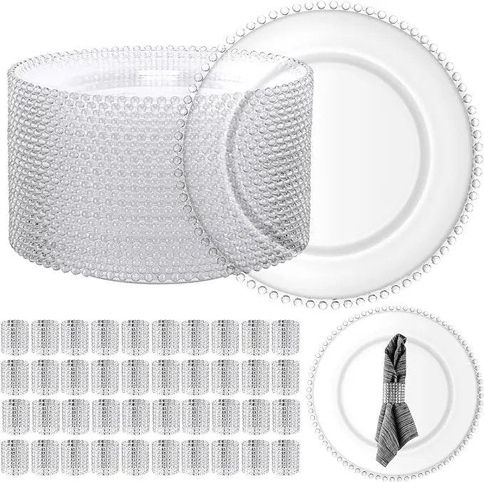 50 Pack Clear Round Charger Plates with 50 Pcs Silver Napkin Rings 13 Inch Plastic Chargers Dinner Plates Bulk with Beaded Rim Service Plates for Wedding Party Event Tabletop Decoration