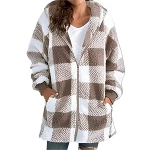 2025 Women's Plush Jacket Autumn New Long Sleeve Plaid Hooded Zipper Pocket Loose Jacket