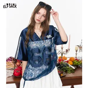 ELFSACK Lace Hooded Jersey T-shirt, Sporty Number 66 Print Top, Casual Short Sleeve Loose Tee for Women