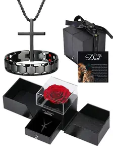Father's Day Gift: Men's Titanium Cross Necklace and Bracelet Set, Eternal Flower Box, Vintage Jewelry, Perfect for Daily Wear